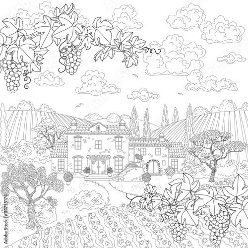 Cartoon contoured landscape with house, trees and grape branches