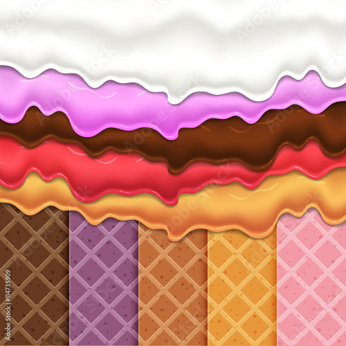 Flowing glaze on wafer texture sweet food vector background abstract. Melt icing ice cream on waffle seamless pattern. Editable - Easy change colors.