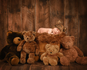Newborn Baby Sleeping with Teddy Bears in Basket