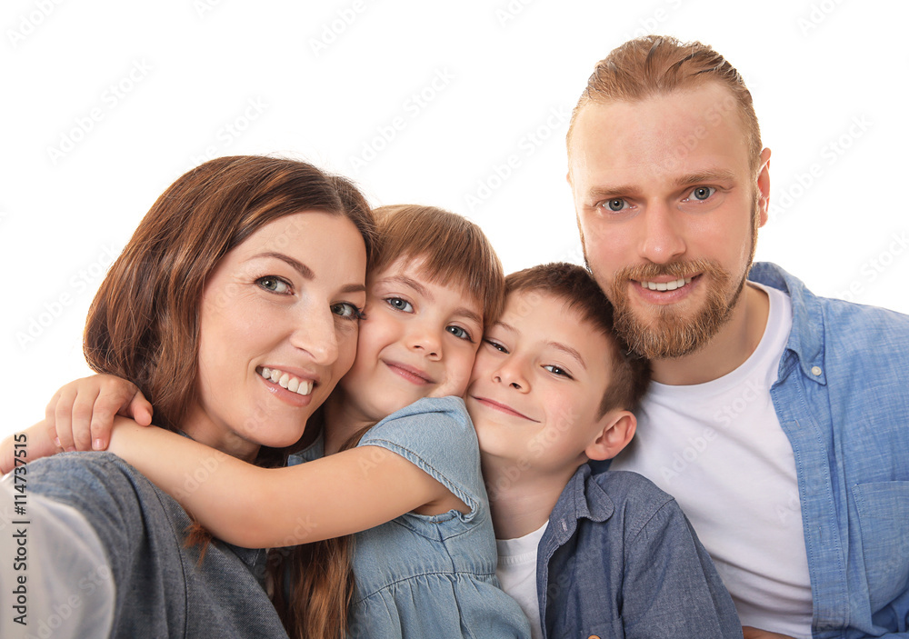 Happy family taking selfie isolated on white Happy family taking selfie isolated on white