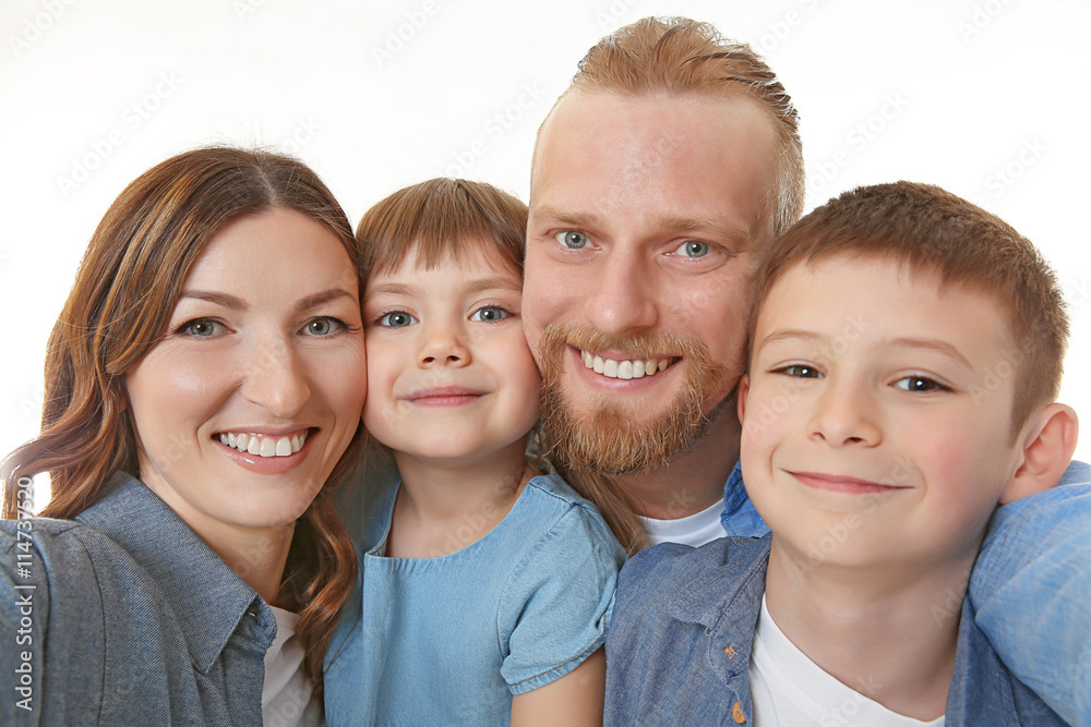 Happy family taking selfie isolated on white Happy family taking selfie isolated on white