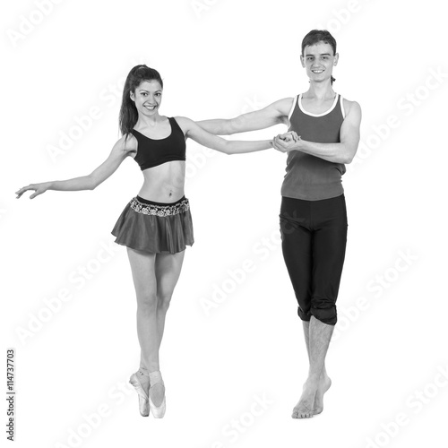 colorless portrait of couple man and woman exercising fitness dancing on white background