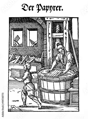 Billede på lærred The paper maker workshop, engraving XVI century