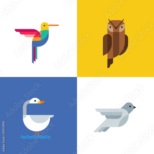 Colorful birds flat logo icons. Set of vector colorful birds illustration of hummingbird, owl, pigeon and swan. Isolated design elements and backgrounds. 