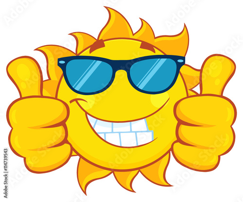 Smiling Sun Cartoon Mascot Character With Sunglasses Giving A Double Thumbs Up