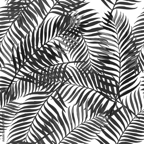 Vector summer seamless pattern with palm leaves. Design for fashion textile summer print, wrapping paper, web backgrounds. Hand drawn tropical palm leaves, black and white background.
