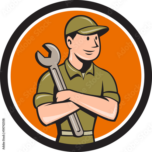 Mechanic Arms Crossed Spanner Circle Cartoon