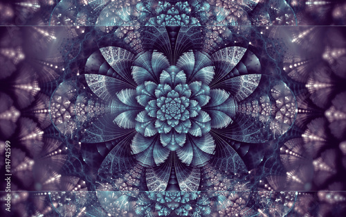 Abstract fractal background, shining cyan-violet flower