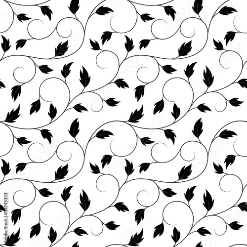 vector illustration, seamless pattern, decorative black and white curly ivy branches with leaves