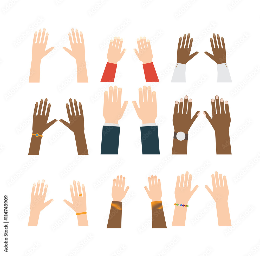 Flat human hands isolated creativity concept. Hands fingers symbol isolated, flat style hands working. Touch vector human hand drawn elements. People body parts