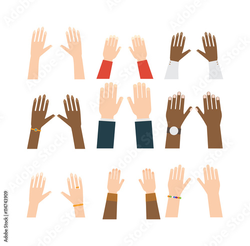 Flat human hands isolated creativity concept. Hands fingers symbol isolated, flat style hands working. Touch vector human hand drawn elements. People body parts