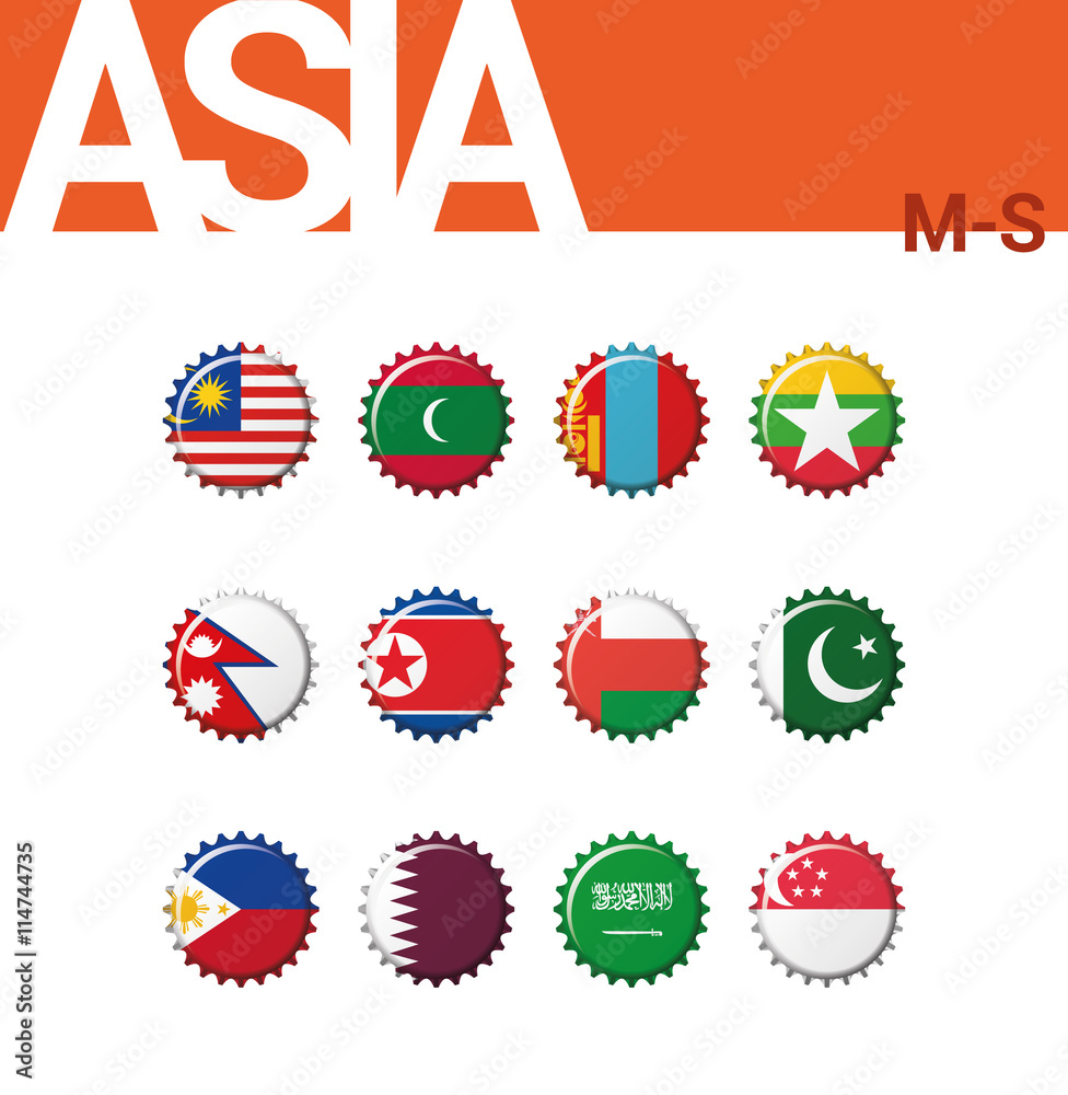 Vector set of 12 bottle cap flags of Asia (M-S). Set 3 of 4. Malaysia,  Maldives, Mongolia, Myanmar (Burma), Nepal, North Korea, Oman, Pakistan,  Philippines, Qatar, Saudi Arabia, Singapore. Stock Vector | Adobe Stock
