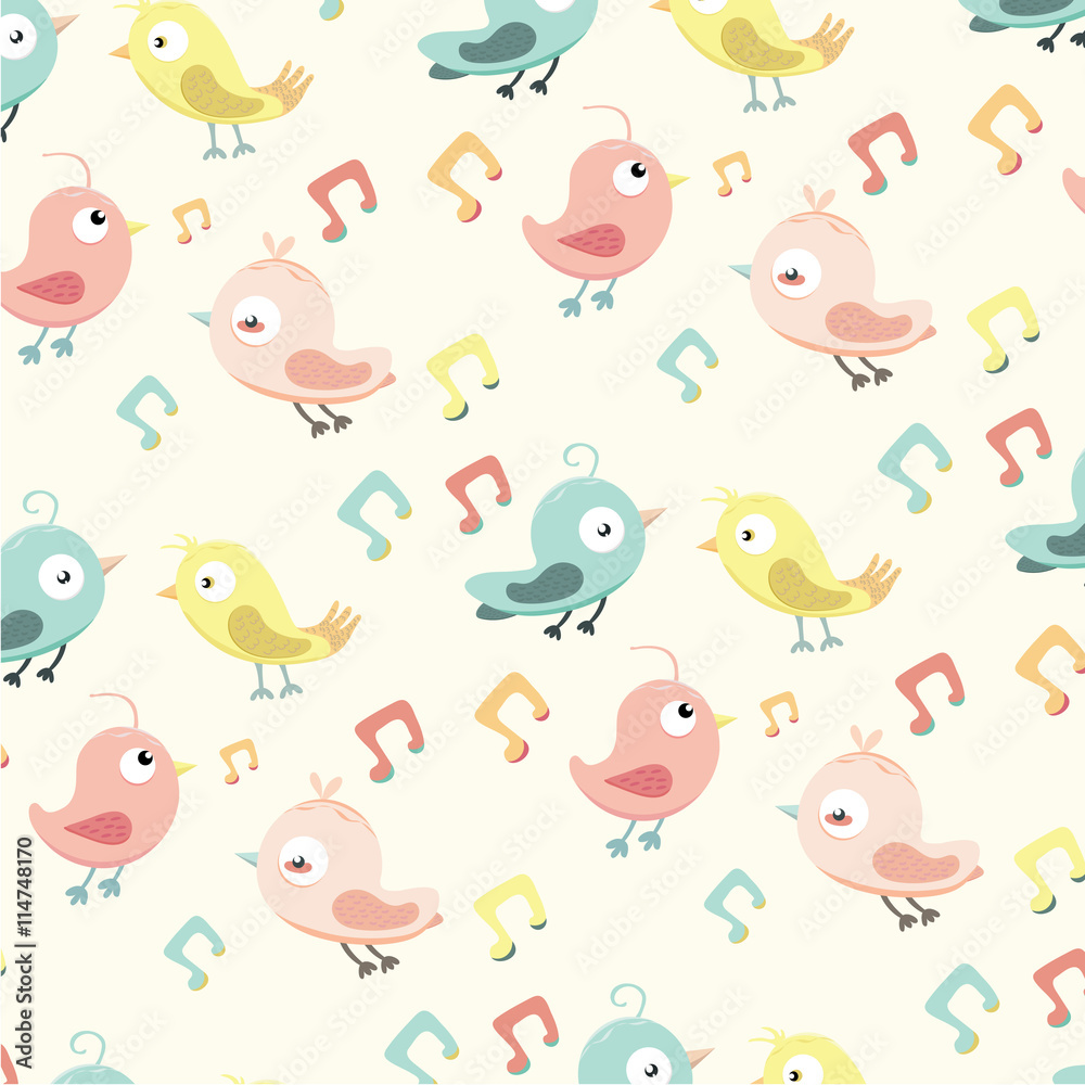 Cute pattern with small birds and music note. Spring vector background in pastel colors.Pattern can be used for wallpapers, pattern fills, web page backgrounds, surface textures. Cute pattern with small birds and music note. Spring vector background in pastel colors.Pattern can be used for wallpapers, pattern fills, web page backgrounds, surface textures.