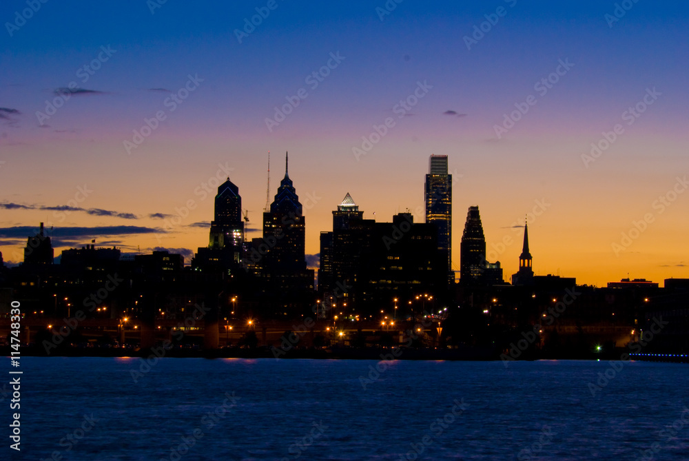 A Sunset View of Philadelphia, Pennsylvania waterfront from the Delaware River