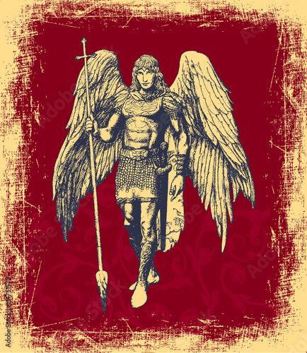 Angel, elegant hand-drawn card on a red grunge background 