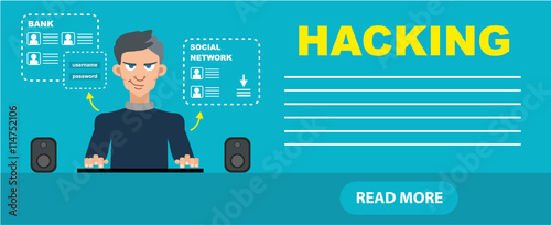 Flat style hacker attack intruding laptop computer internet web system crack password security concept web infographics vector illustration.