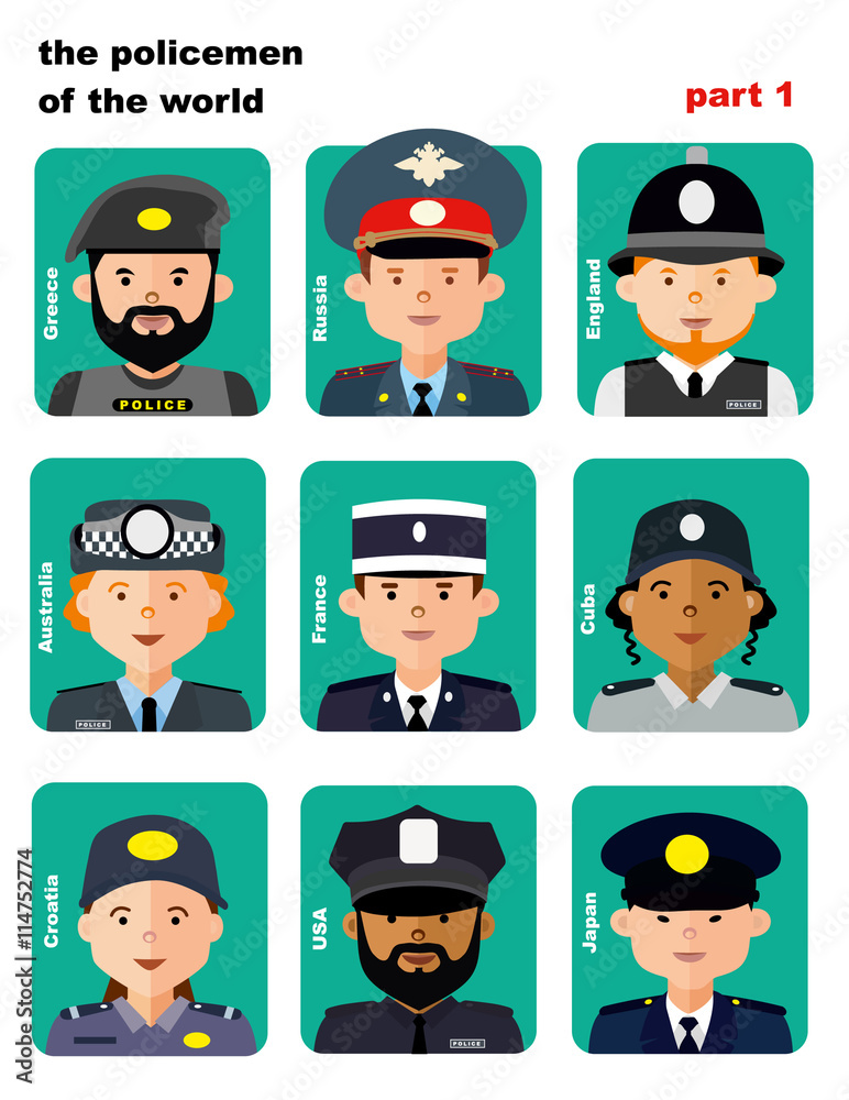 set of icons avatars the police officers from all over the world, flai icons, vector illustration, women and men set of icons avatars the police officers from all over the world, flai icons, vector illustration, women and men