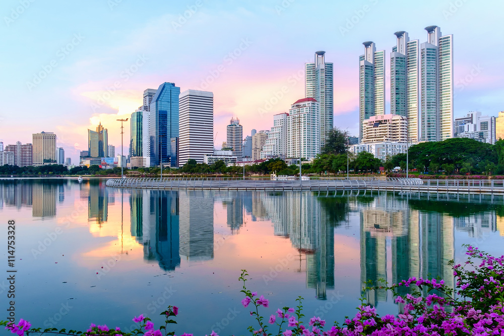Bangkok cityscape twilight at benjakitti public park on midtown