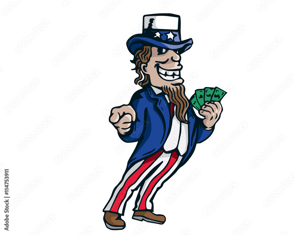 Uncle Sam American Patriotic Caricature - Money Politics On Board Uncle Sam American Patriotic Caricature - Money Politics On Board