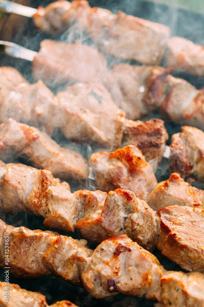 Grilled Barbecue Meat Shashlik Shish Kebab Pork Meat Grilling On Grilled Barbecue Meat Shashlik Shish Kebab Pork Meat Grilling On