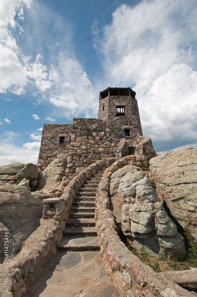 Harney Peak Fire Lookout Tower with stone staircase in Custer State Park in the Black Hills of South Dakota USA