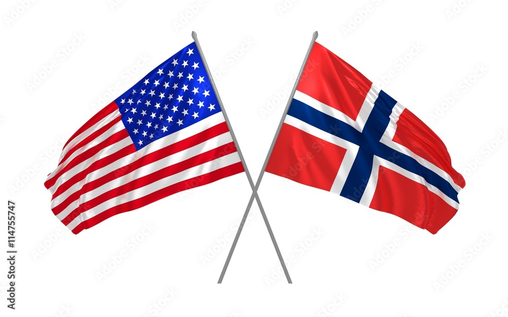 3d illustration of USA and Norway flags waving in the wind