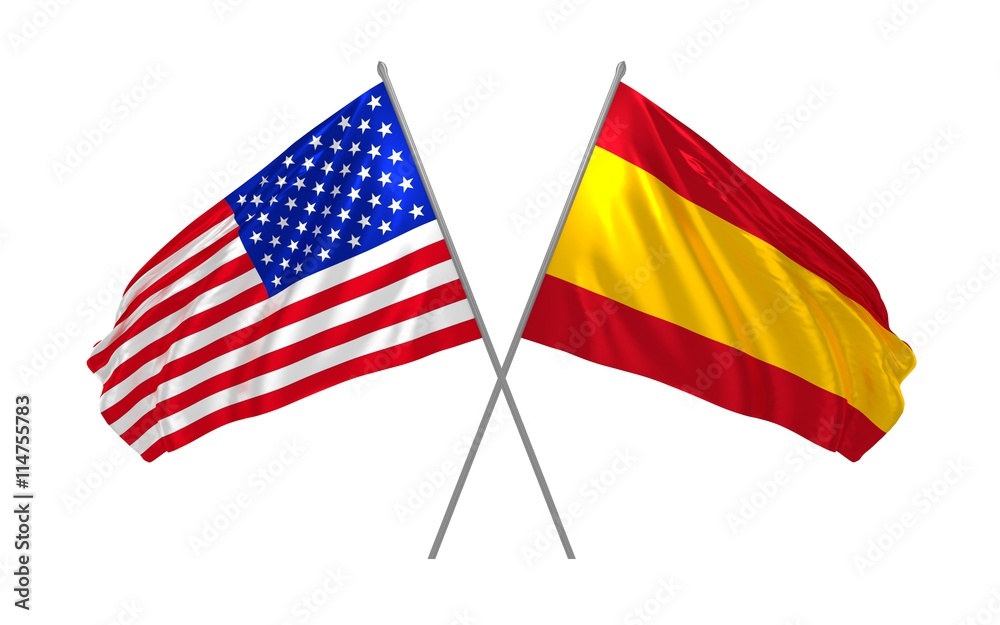 3d illustration of USA and Spain flags waving in the wind