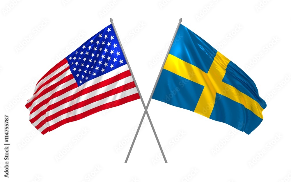 3d illustration of USA and Sweden flags waving in the wind