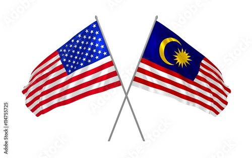 3d illustration of USA and Malaysia flags waving in the wind