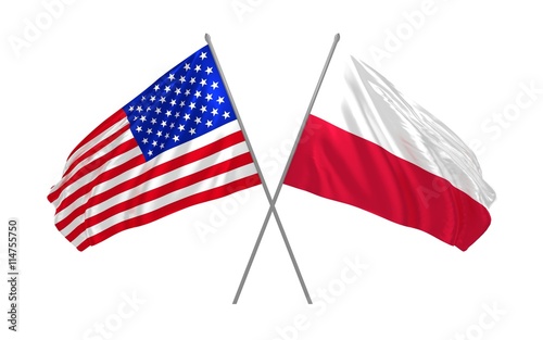 3d illustration of USA and Poland flags waving in the wind