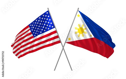 3d illustration of USA and Philipines flags waving in the wind