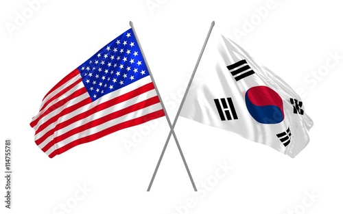 3d illustration of USA and South Korea flags waving in the wind