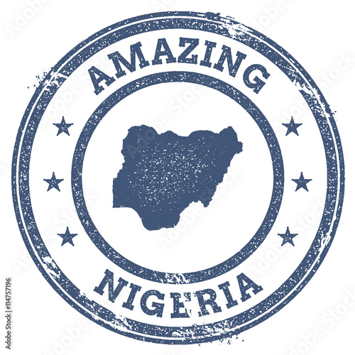 Vintage travel stamp featuring a map outline of Nigeria, designed with a grunge effect and round sticker format.