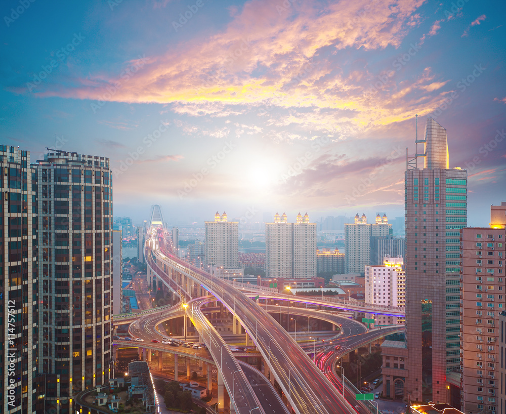 Aerial photography at city elevated bridge of sunrise