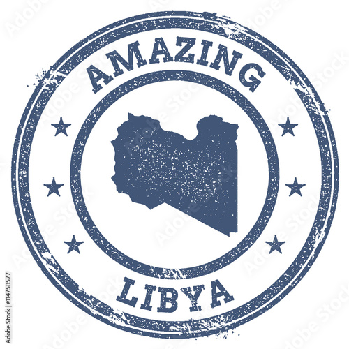 Vintage Amazing Libya travel stamp with map outline. Libya travel grunge round sticker.