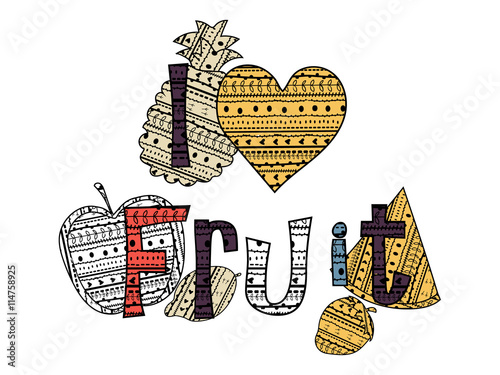 adult coloring book page, sticker and embroidery patches collection vintage style. Pin trendy label badge apple, watermelon, strawberry, pineapple, lemon, heart vector illustration decoration isolated