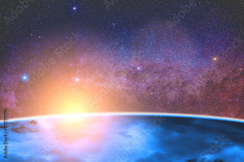 Fototapeta Naklejka Na Ścianę i Meble -  Planet on starry background with sunrise over horizon. 