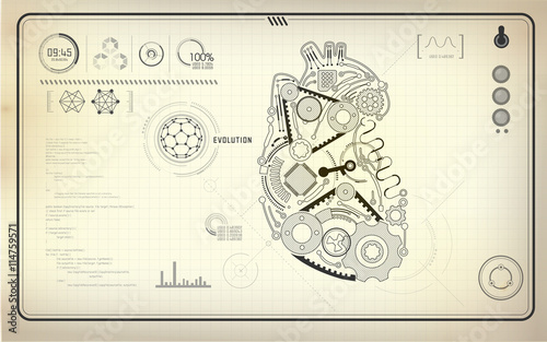 artificial heart, robot heart, technological blueprint, abstract technology