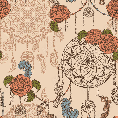 Seamless pattern with dream catcher, roses, leaves and feathers. Colorful hand drawn vector illustration in boho style. Design concept for retro banner, card, scrap booking, t-shirt, print, poster.