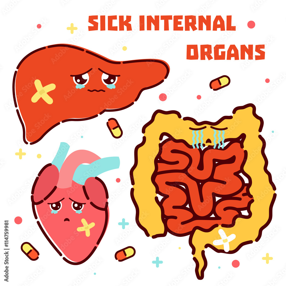 Cute unhealthy internal organs icon set made in cartoon style. Liver,  heart, intestine cartoon characters. Human body organs anatomy icon.  Medical concept. Vector illustration. Stock Vector | Adobe Stock