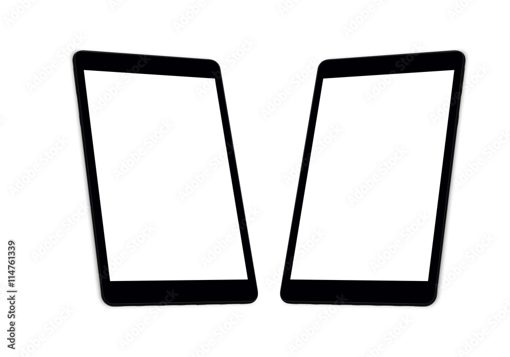 Two tablet pc in isometric position with isolated white screen Two tablet pc in isometric position with isolated white screen