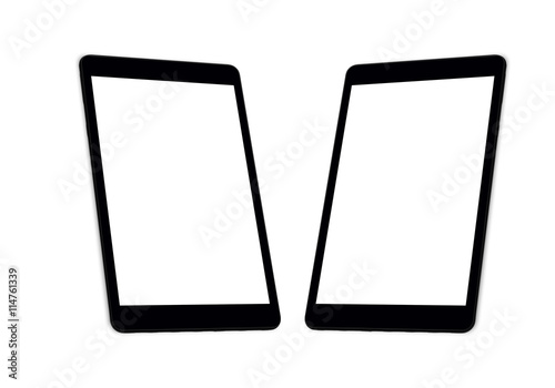 Two tablet pc in isometric position with isolated white screen