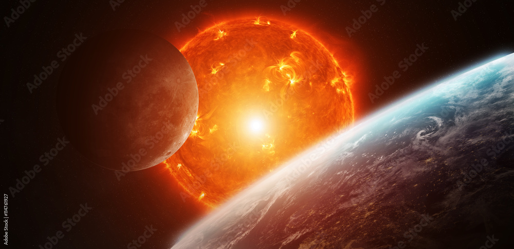 Fototapeta premium Wybuchające słońce w kosmosie blisko planety