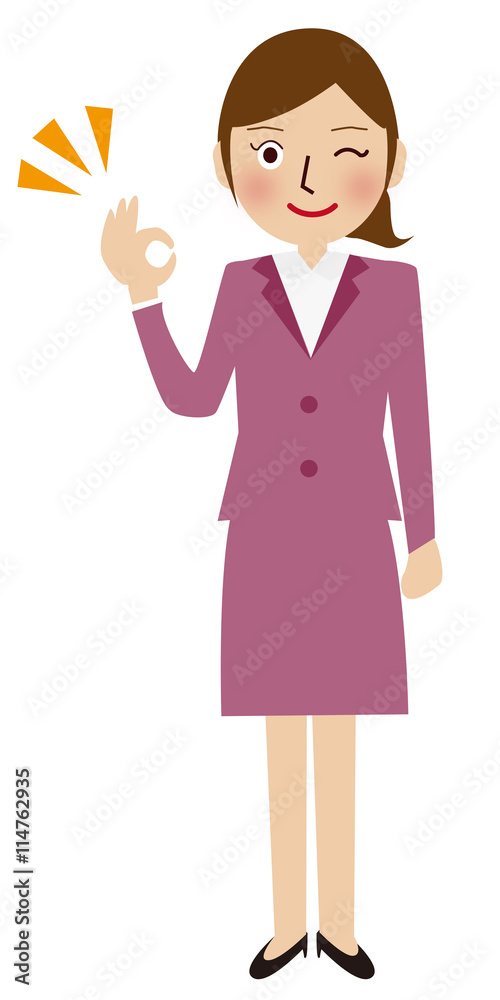 赤のスーツの女性　ＯＫポーズ