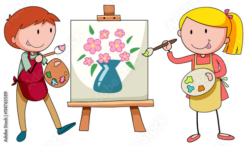 Two artists painting on canvas