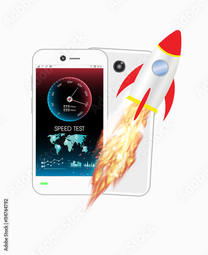 smartphone with speed test meter and rocket