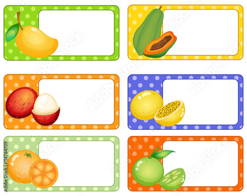 Square labels with tropical fruits