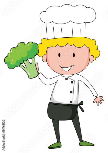Chef holding broccoli in one hand