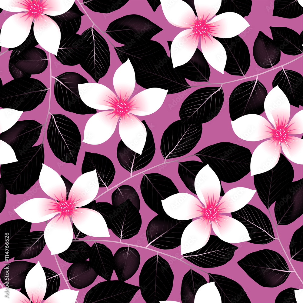 Fototapeta premium Tropical pink hibiscus flowers with black leaves seamless patter