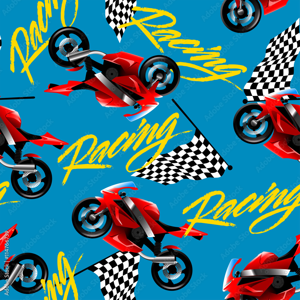Red motorcycle racing with checkered flag seamless pattern